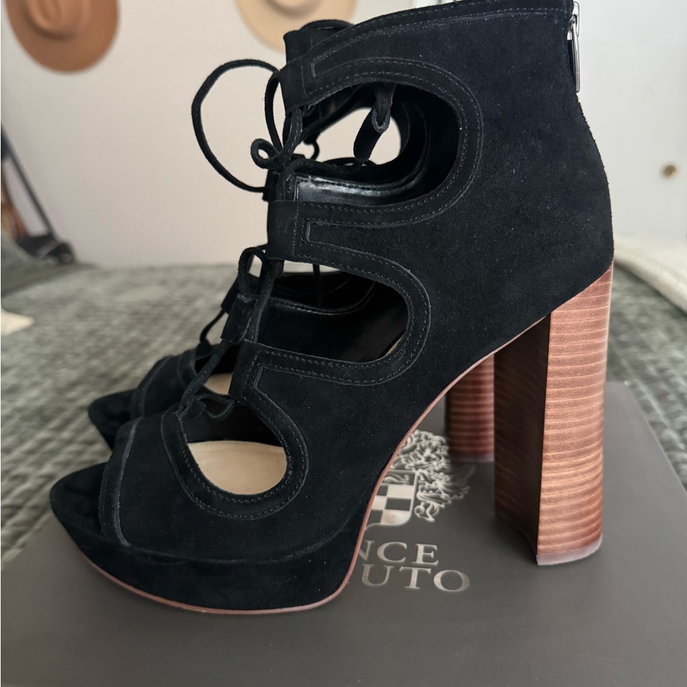 Vince Camuto Black Suede Lace-Up Heels - Picture 3 of 9